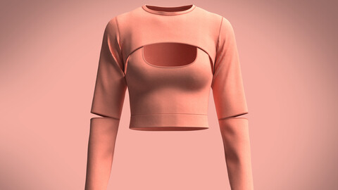 Girls long sleeve rib top with Ribbed Bra-Crown Neck