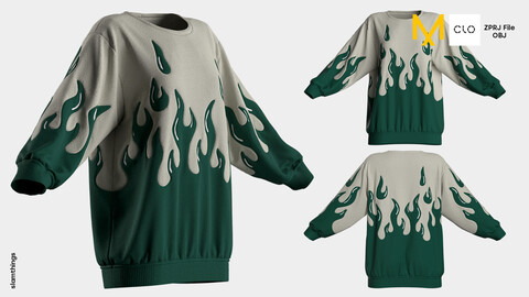 Streetwear Flames Sweater #007 - Clo 3D / Marvelous Designer + OBJ / DIGITAL FASHION / HYPEBEAST / FUTURE FASHION