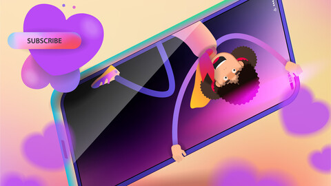 Cartoon girl tries to get out of the mobile phone screen