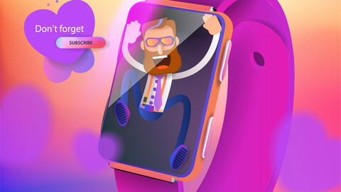 Cartoon man tries to get out of the screen of a smart watch