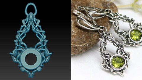 Fantasy dangle earrings model with intricate pattern. Printable jewelry 3D model.