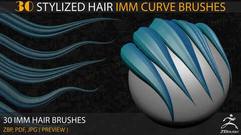30 Stylized Hair IMM Curve Brushes ( Vol- 03)