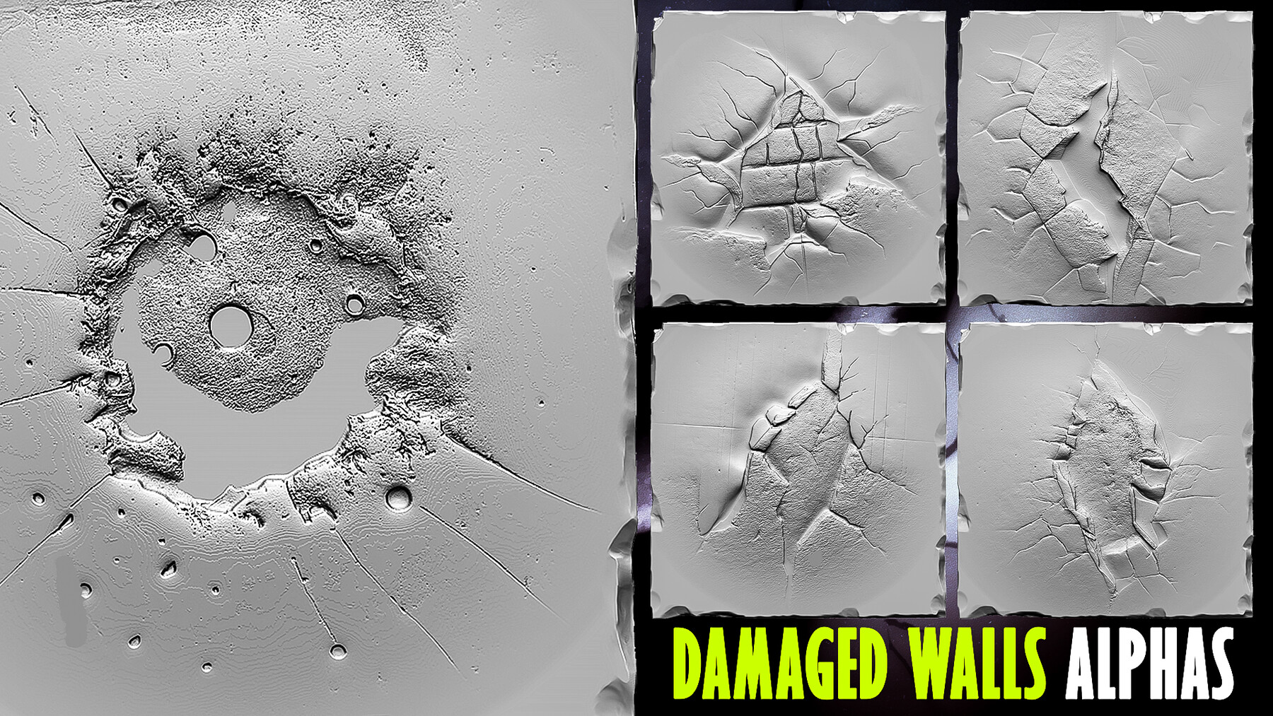 50+ Damaged Walls Alphas for Zbrush, Blender preview