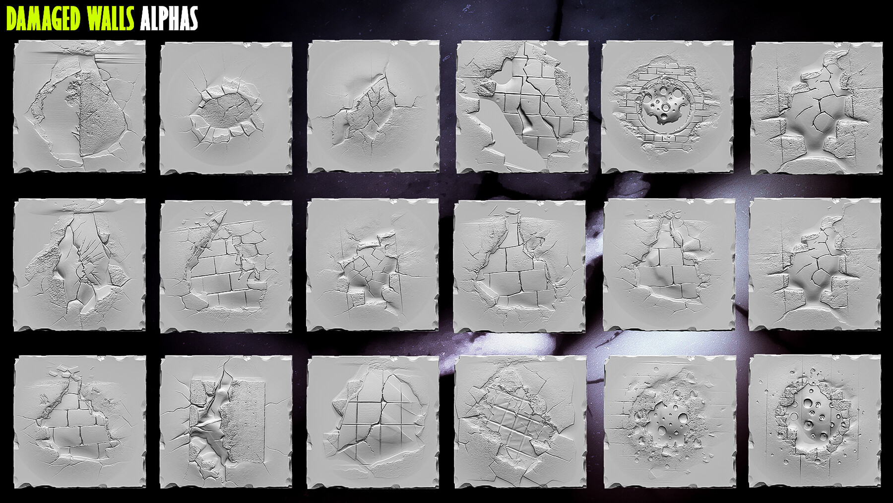 50+ Damaged Walls Alphas for Zbrush, Blender preview 2