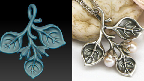 Small pendant with leaves and two pearls as flower buds. Printable jewelry 3D model.