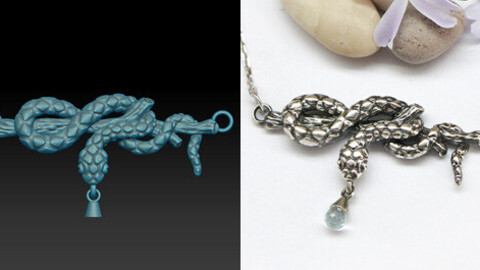 Horizontal snake pendant necklace with a briolette stone. Download jewelry 3D model for printing