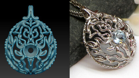 Miniature pendant model with openwork pattern and one central stone. Printable jewelry 3D model