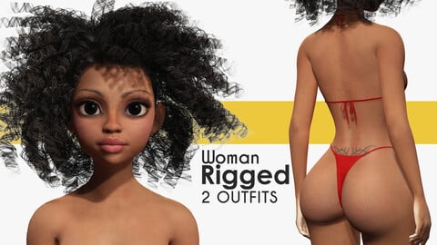 Naked African Female Cartoon Black afro rigged Woman Female 3D