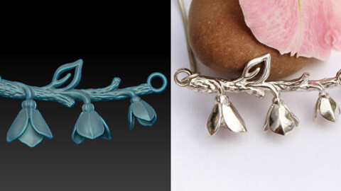 Sculpted jewelry 3D model for printing. Organic or botanical horizontal pendant with flowers.