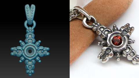 Download jewelry 3D model for printing. Cross pendant model with a stone and oxidized pattern.