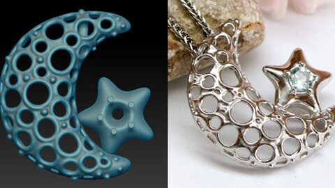 Miniature moon and star pendant necklace with openwork pattern and one stone. Jewelry 3d model to print.