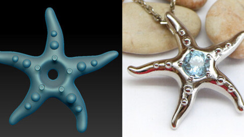 Miniature starfish pendant necklace with a central stone. Jewelry 3D model for printing.