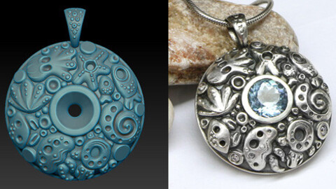 Download jewelry 3D model for printing. Round pendant with a stone and sea pattern.