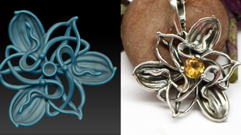 Orchid flower pendant necklace with a stone in the center. Jewelry 3D model for printing.