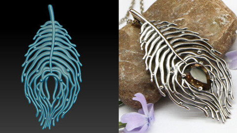 Feather pendant with a pear cut stone. Download jewelry 3D model for printing