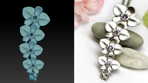 Orchid pendant with four flowers with stones. Printable jewelry 3D model.