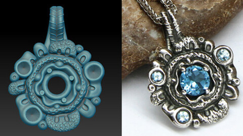 Jewelry 3d model to print. Flower pendant with 4 stones and pattern for oxidizing.