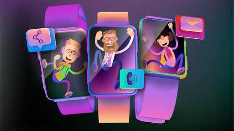 Cartoon men climb out of the screens of smart watches