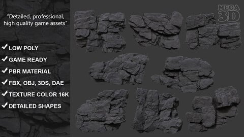 Low Poly Black Cliff Face 221208 - Ultra HD 16K Texture