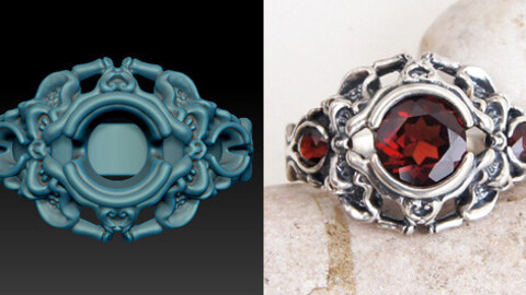 Sculpted oxidized ring with 3 round stones. Jewelry 3D model for printing.