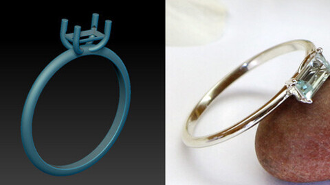 Thin miniature ring with a rectangular stone. Printable jewelry 3D model.