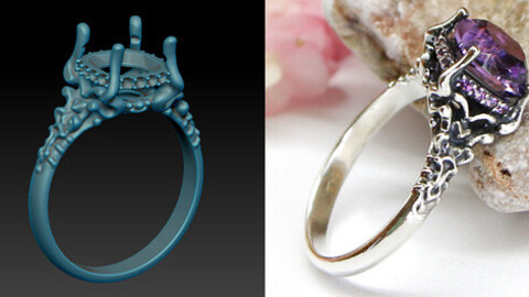 Sculpted ring with a cushion cut stone intended for oxidizing. Jewelry 3D model for printing.