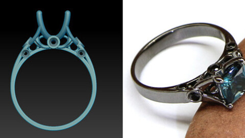 Jewelry 3D model for printing. A classical ring with a square stone and smaller round stones on the sides.