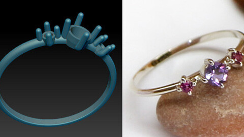 Jewelry 3d model to print. A thin miniature ring with 3 stones