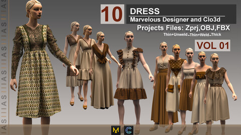 DRESS VOL 1 (CLO3D AND MARVELOUS DESIGNER) ZPRJ, OBJ, FBX, UV