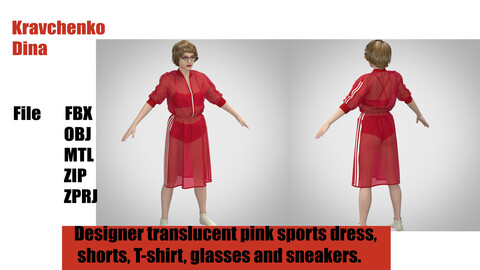 Designer pink semi transparent sporty dress, shorts, top, designer glasses and sneakers.