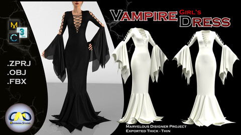 Vampire Girl's Dress/Marvelous Designer project/(Projects Files: ZPRJ, OBJ, FBX) VOL 01