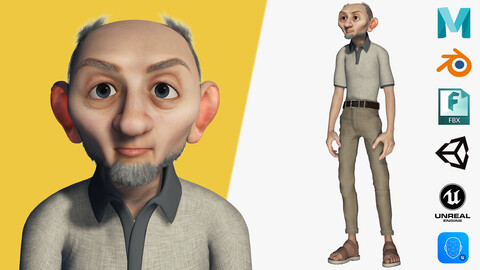 Old Man cartoon character RealTime Male 3D Low-poly 3D model