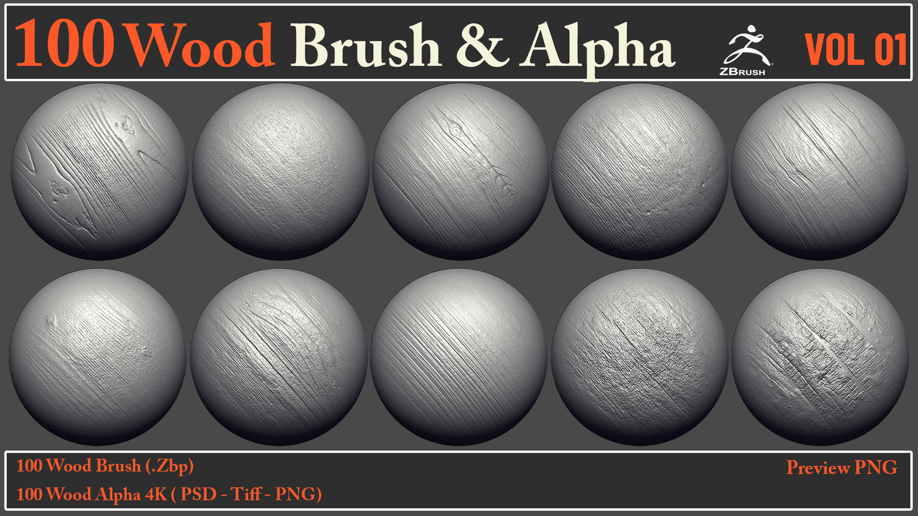 ArtStation 100 Wood Brush & Alpha VOL 01 Brushes