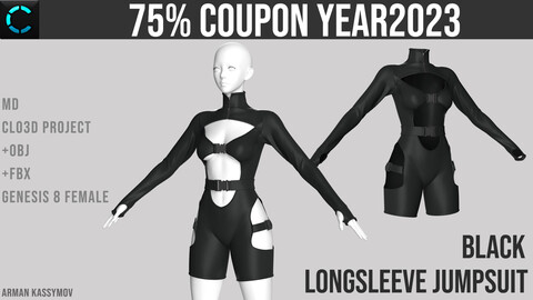 Black Long Sleeve Cutout Turtleneck Buckle Jumpsuit Marvelous Designer Project + OBJ + FBX + HYPER COUPON -75% SALE