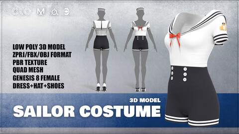 Sailor Costume Low-poly 3D model (PBR)