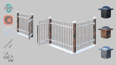 Set of English Fences with PBR Textures | Snow-covered