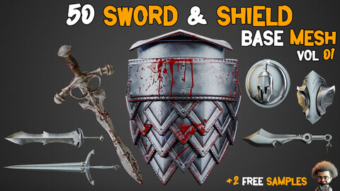 50 Sword & Shield BaseMesh - VOL 01 ( Game Ready )