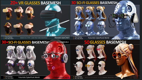130+ GLASSES BASEMESH MEGAPACH CONSIST: VR GLASSES AND HEADPHON/ SCI FI GLASSES/ FUTURISTIC GLASSES / CUBERPUNK GLASSES AND ... 70 % OFF