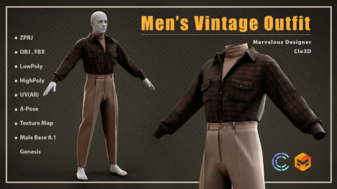 Men 's Vintage Outfit / MD , Clo3d Project + OBJ , FBX (Low Poly)