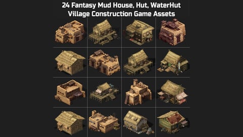 24 Fantasy Mud House, House, Hut, Water Hut, Building, Village Construction Game Assets