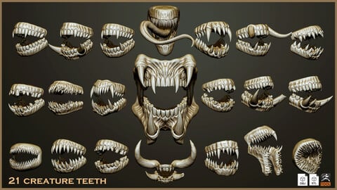 21 Creature + Monster Teeth - Open+Closed OBJs , STL and ZTL