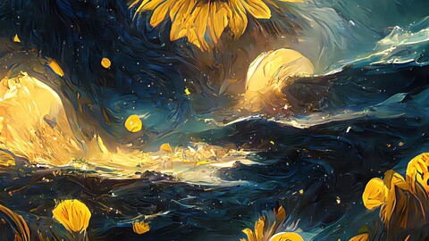 Sunflowers under the starry sky - oil painting composition