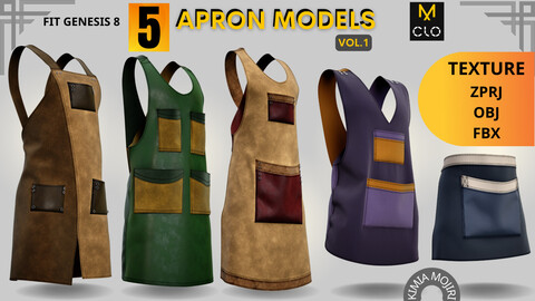 5 Apron Models - Texture - VOL.1 - Marvelous Designer / CLO3D PROJECTS+OBJ+FBX