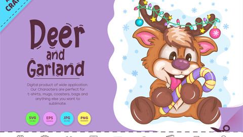 Cartoon Deer with Garland. Clipart.