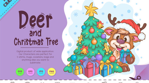 Cartoon Deer and Christmas Tree. Clipart