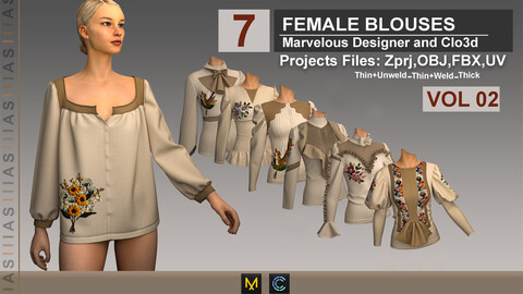 FEMALE BLOUSES VOL 2 (CLO3D AND MARVELOUS DESIGNER) ZPRJ, OBJ, FBX, UV