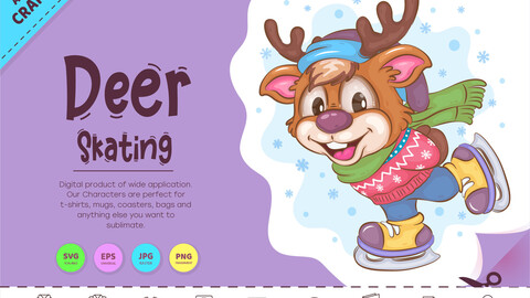 Cartoon Deer Skating. Clipart.