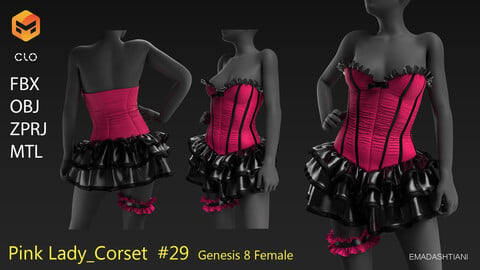 Pink Lady _ Corset #29 _ MarvelousDesigner/CLO Project Files+fbx+obj+mtl _ Genesis8Female