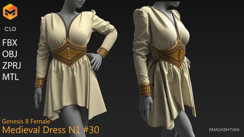 Medieval Dress N1 #30 _ MarvelousDesigner/CLO Project Files+fbx+obj+mtl _ Genesis8Female
