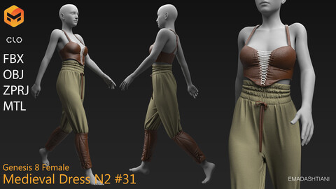 Medieval Dress N2 #31 _ MarvelousDesigner/CLO Project Files+fbx+obj+mtl _ Genesis8Female